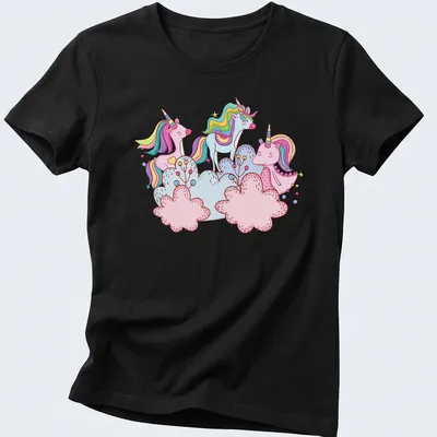 Kawaii unicorns with colorful manes among fluffy clouds in bright colors — printed on a women's shirt