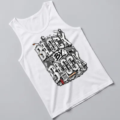 Bold graffiti style Urban Cityscape T-shirt with buildings and text — printed on a tank top