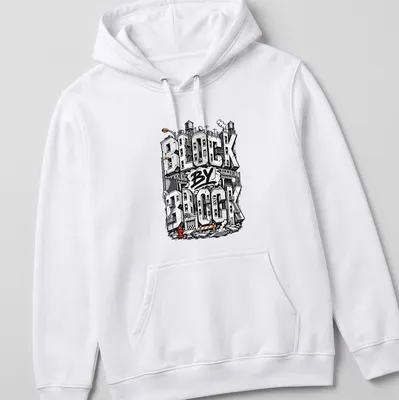 Bold graffiti style Urban Cityscape T-shirt with buildings and text — printed on a unisex hoodie