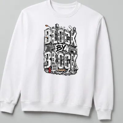 Bold graffiti style Urban Cityscape T-shirt with buildings and text — printed on a unisex sweatshirt