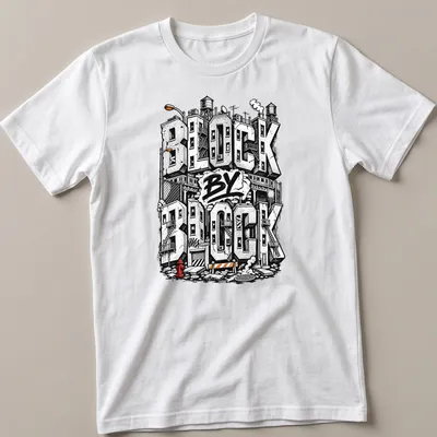 Bold graffiti style Urban Cityscape T-shirt with buildings and text