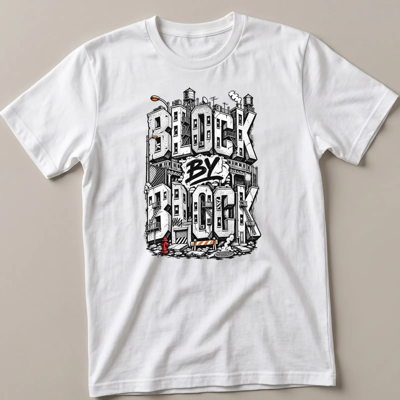 Bold graffiti style Urban Cityscape T-shirt with buildings and text — printed on a unisex t-shirt