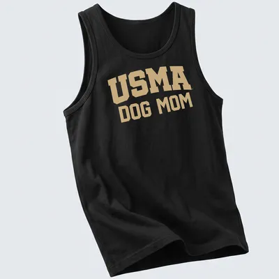 Bold collegiate design USMA Dog Mom t-shirt in gold and white text — printed on a tank top