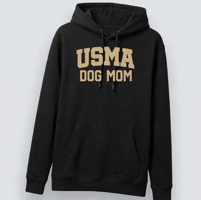 Bold collegiate design USMA Dog Mom t-shirt in gold and white text — printed on a unisex hoodie