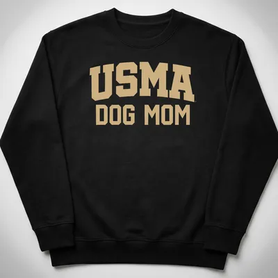 Bold collegiate design USMA Dog Mom t-shirt in gold and white text — printed on a unisex sweatshirt
