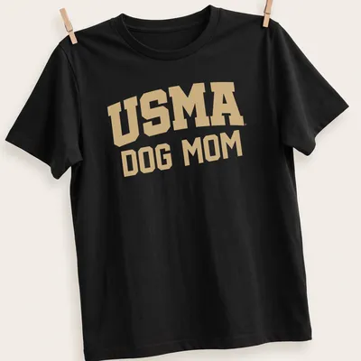 Bold collegiate design USMA Dog Mom t-shirt in gold and white text