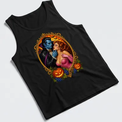 Vintage comic cover design featuring a vampire and a woman in romance — printed on a tank top