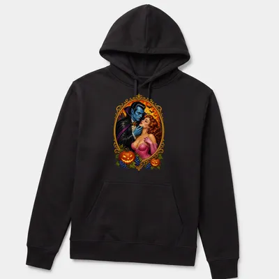 Vintage comic cover design featuring a vampire and a woman in romance — printed on a unisex hoodie