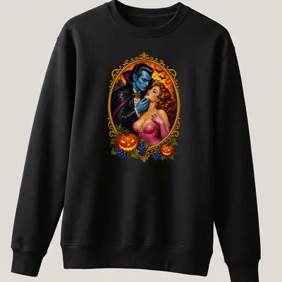 Vintage comic cover design featuring a vampire and a woman in romance — printed on a unisex sweatshirt