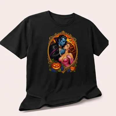 Vintage comic cover design featuring a vampire and a woman in romance — printed on a unisex t-shirt (angled view)