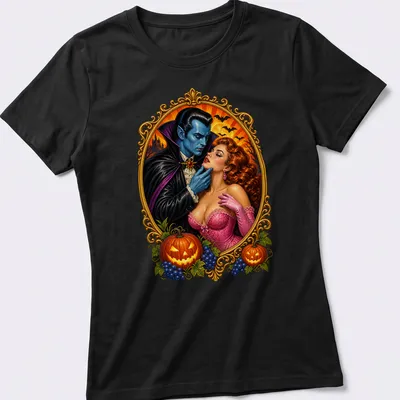 Vintage comic cover design featuring a vampire and a woman in romance — printed on a women's shirt