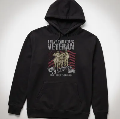 Vintage print of soldiers embracing with text about being a veteran and grandpa — printed on a unisex hoodie