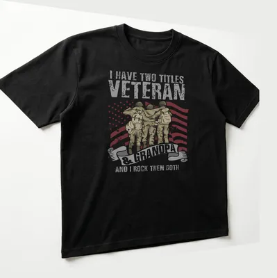 Vintage print of soldiers embracing with text about being a veteran and grandpa — printed on a unisex t-shirt (angled view)