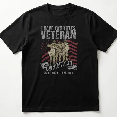 Vintage print of soldiers embracing with text about being a veteran and grandpa