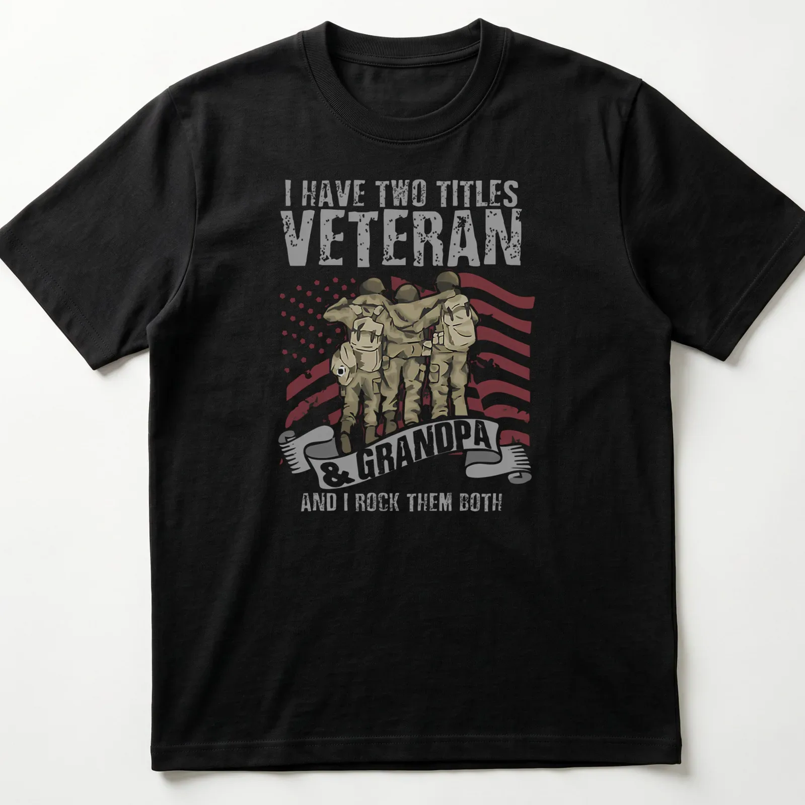 Vintage print of soldiers embracing with text about being a veteran and grandpa — printed on a unisex t-shirt