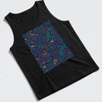 Vintage abstract floral design featuring birds in teal, navy, red, yellow, and green. — printed on a tank top