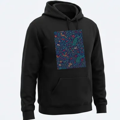 Vintage abstract floral design featuring birds in teal, navy, red, yellow, and green. — printed on a unisex hoodie