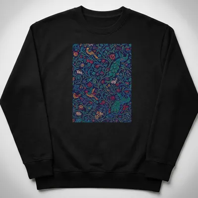 Vintage abstract floral design featuring birds in teal, navy, red, yellow, and green. — printed on a unisex sweatshirt