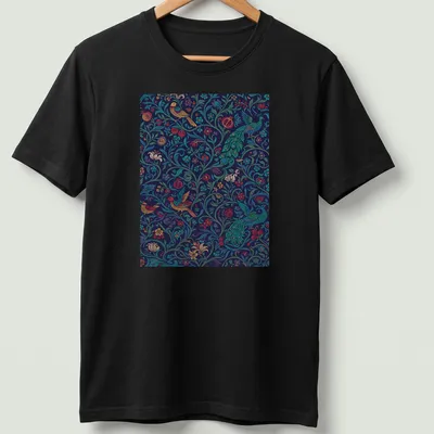 Vintage abstract floral design featuring birds in teal, navy, red, yellow, and green.