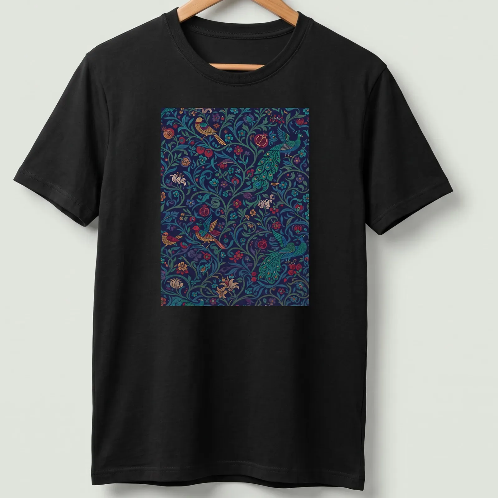 Vintage abstract floral design featuring birds in teal, navy, red, yellow, and green. — printed on a unisex t-shirt