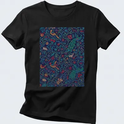 Vintage abstract floral design featuring birds in teal, navy, red, yellow, and green. — printed on a women's shirt