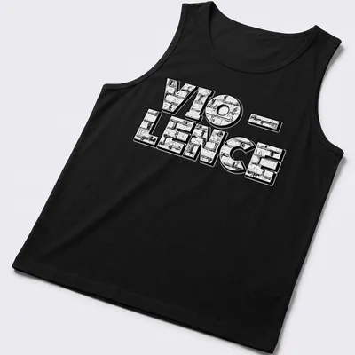 Bold graphic Vio-Lence T-shirt with stark black and white design — printed on a tank top