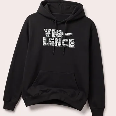 Bold graphic Vio-Lence T-shirt with stark black and white design — printed on a unisex hoodie