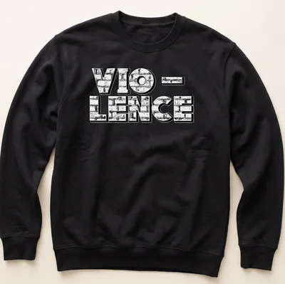 Bold graphic Vio-Lence T-shirt with stark black and white design — printed on a unisex sweatshirt