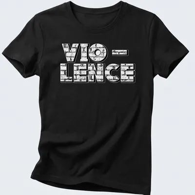 Bold graphic Vio-Lence T-shirt with stark black and white design — printed on a women's shirt