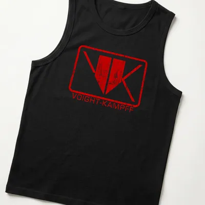 Distressed Voight-Kampff logo in red and white on a vintage-style — printed on a tank top