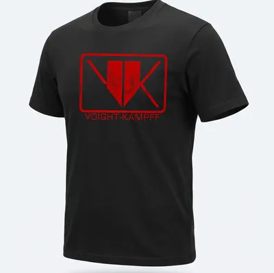 Distressed Voight-Kampff logo in red and white on a vintage-style — printed on a unisex t-shirt