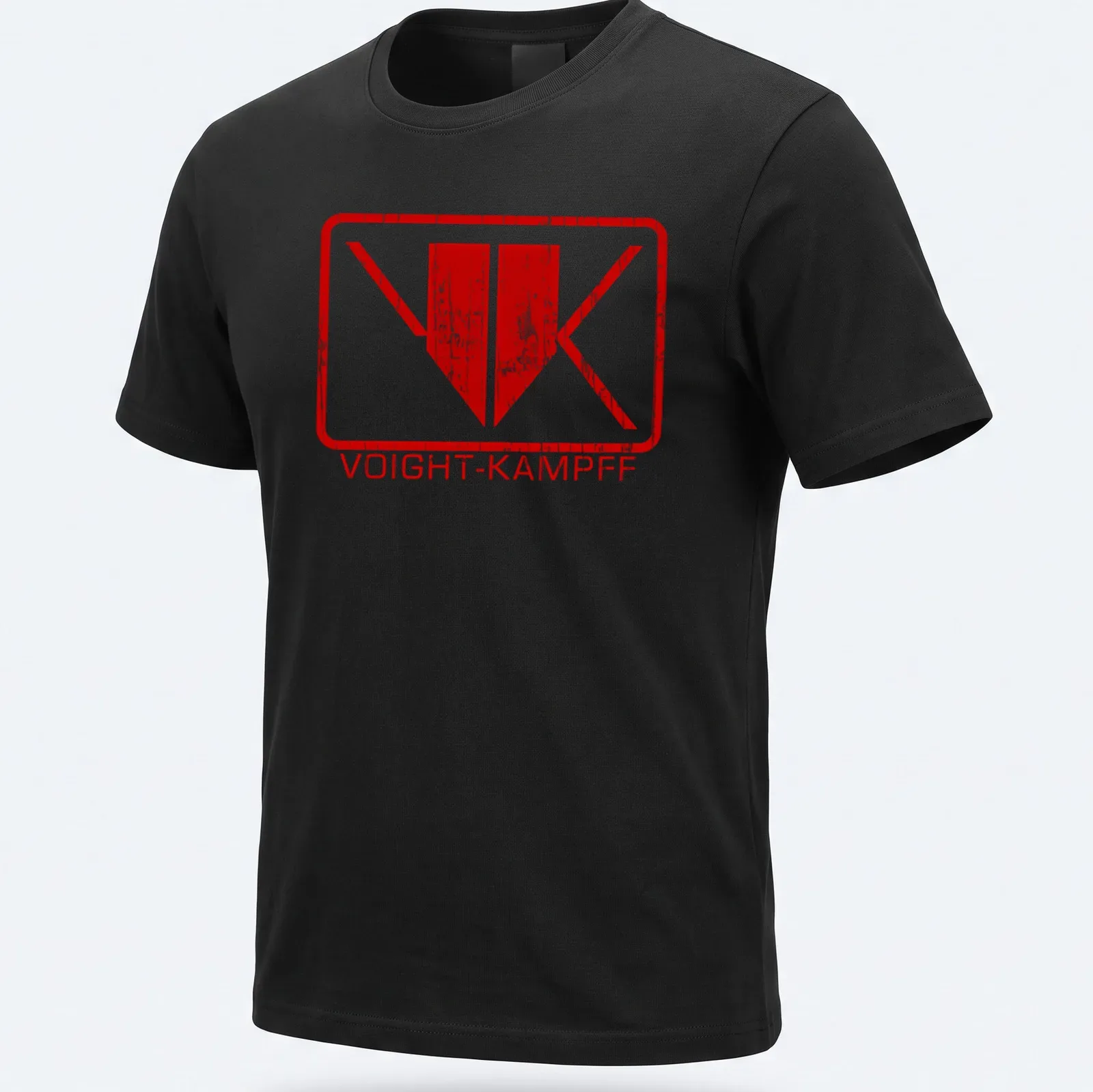 Distressed Voight-Kampff logo in red and white on a vintage-style — printed on a unisex t-shirt