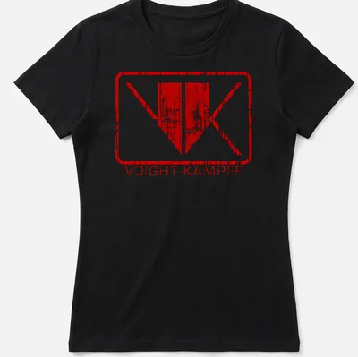 Distressed Voight-Kampff logo in red and white on a vintage-style — printed on a women's shirt