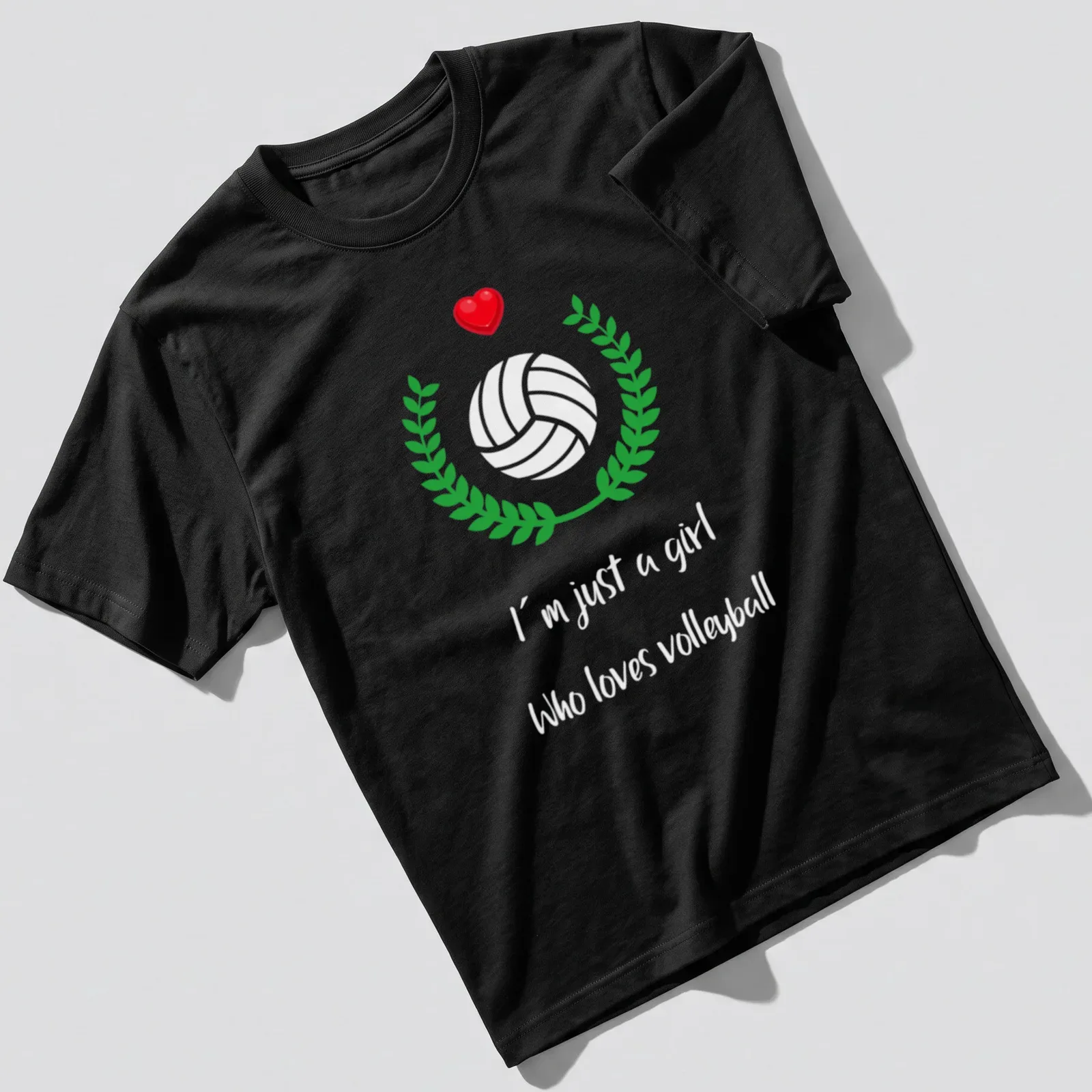 Kawaii volleyball with heart wreath design in red and green — printed on a unisex t-shirt