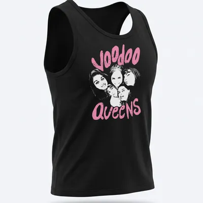 Bold pink Voodoo Queens graphic in playful lettering on a — printed on a tank top