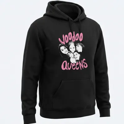 Bold pink Voodoo Queens graphic in playful lettering on a — printed on a unisex hoodie
