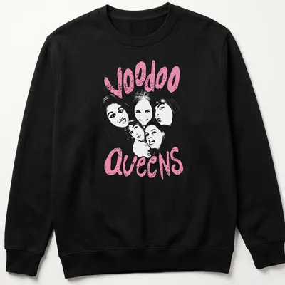 Bold pink Voodoo Queens graphic in playful lettering on a — printed on a unisex sweatshirt
