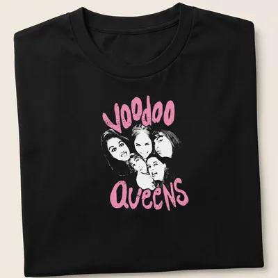 Bold pink Voodoo Queens graphic in playful lettering on a t-shirt