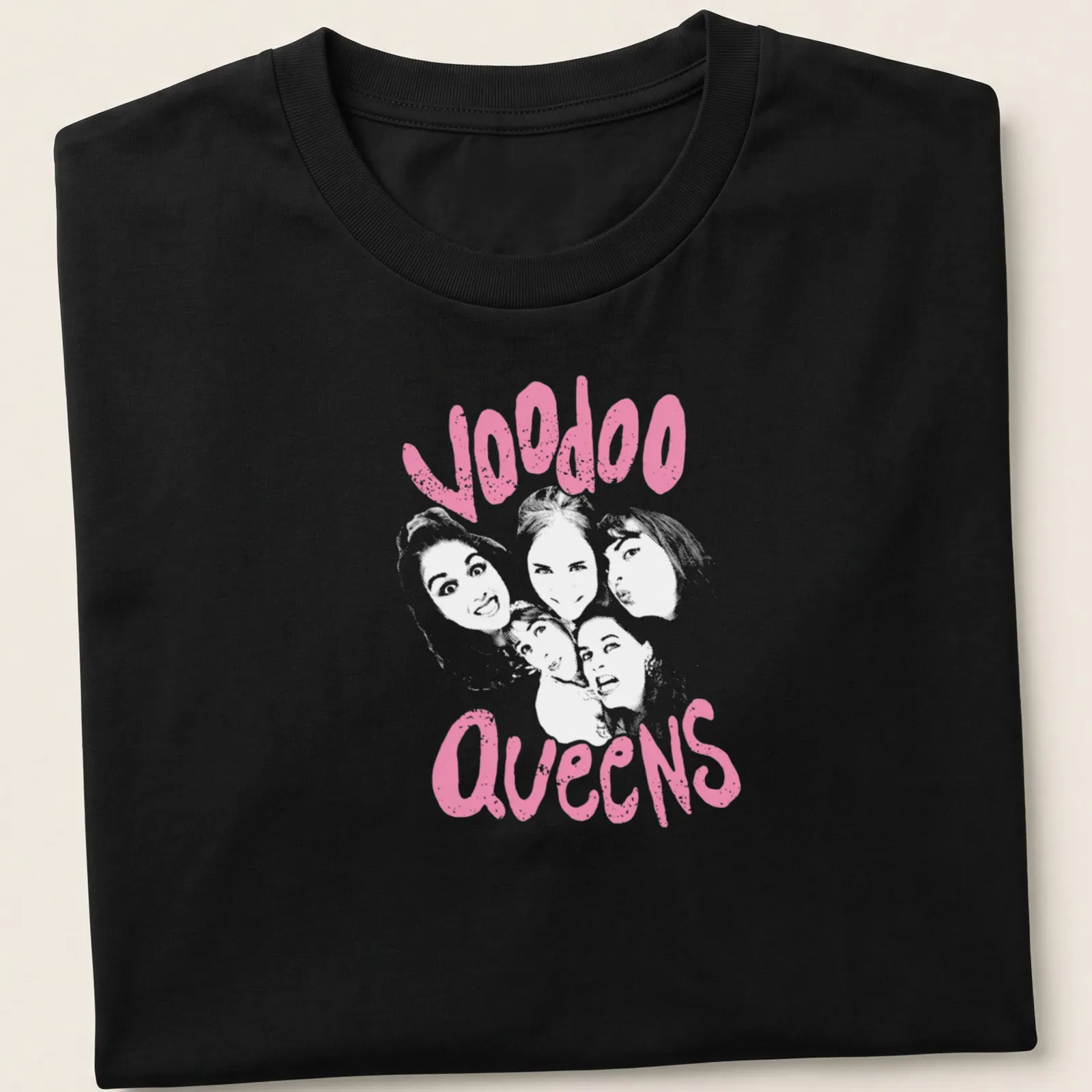Bold pink Voodoo Queens graphic in playful lettering on a — printed on a unisex t-shirt
