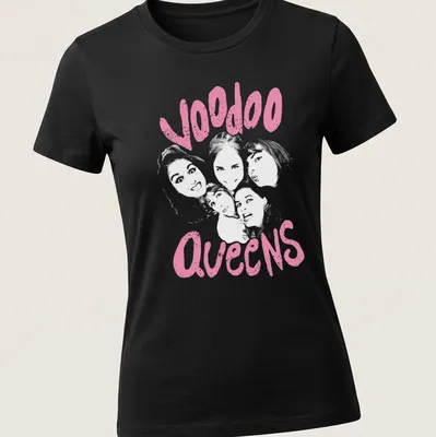 Bold pink Voodoo Queens graphic in playful lettering on a — printed on a women's shirt