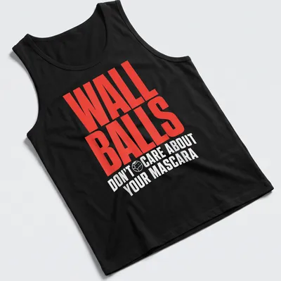 Bold typography Wall Balls Don't Care About Your Mascara tee in red and white — printed on a tank top