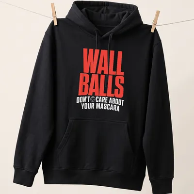 Bold typography Wall Balls Don't Care About Your Mascara tee in red and white — printed on a unisex hoodie