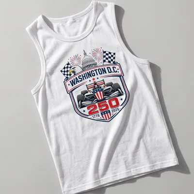 Vintage emblem style tee featuring a race car and the text WASHINGTON D.C. 250 1776 2026 — printed on a tank top
