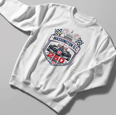 Vintage emblem style tee featuring a race car and the text WASHINGTON D.C. 250 1776 2026 — printed on a unisex sweatshirt