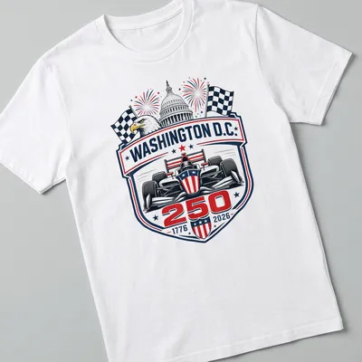 Vintage emblem style tee featuring a race car and the text WASHINGTON D.C. 250 1776 2026