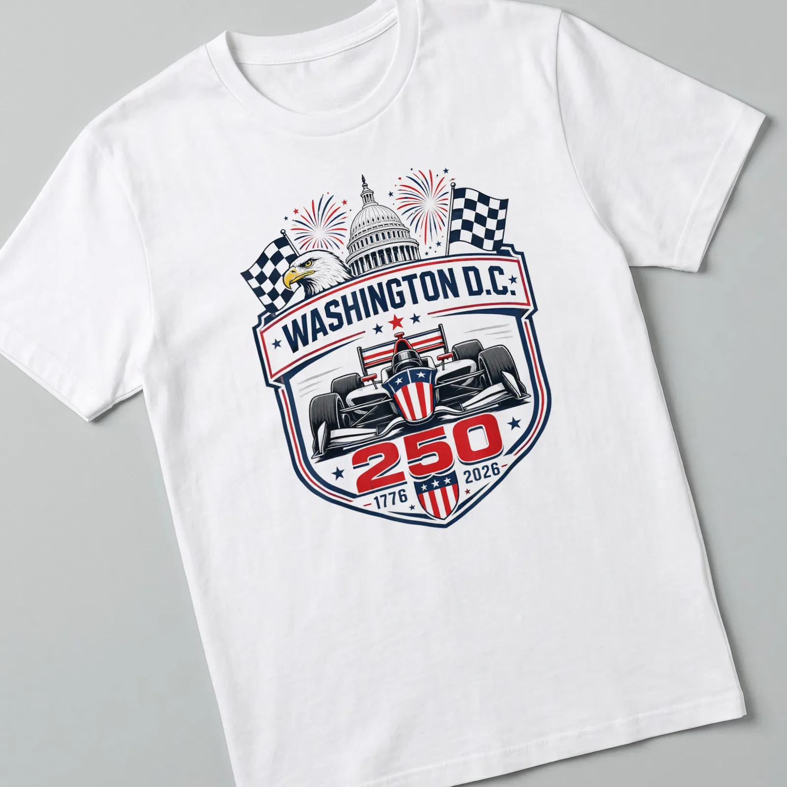 Vintage emblem style tee featuring a race car and the text WASHINGTON D.C. 250 1776 2026 — printed on a unisex t-shirt