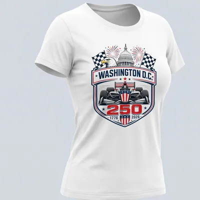 Vintage emblem style tee featuring a race car and the text WASHINGTON D.C. 250 1776 2026 — printed on a women's shirt
