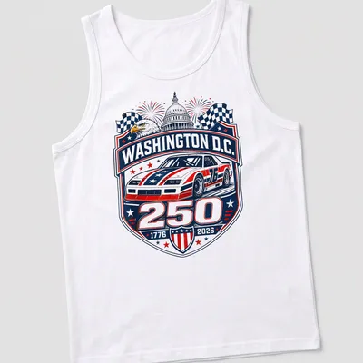 Vintage badge design featuring stock car racing text in red, white, blue, and black — printed on a tank top