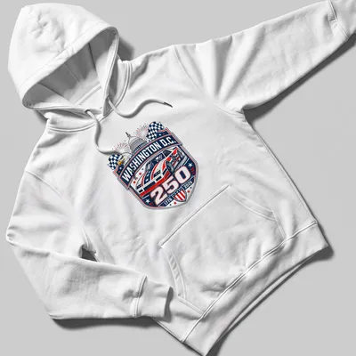 Vintage badge design featuring stock car racing text in red, white, blue, and black — printed on a unisex hoodie