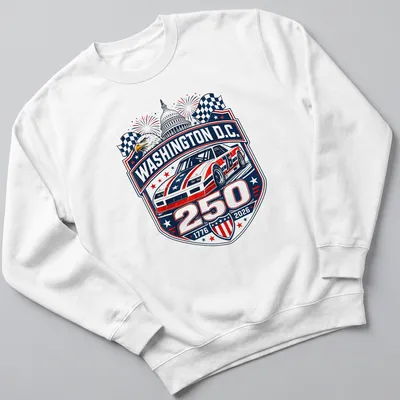 Vintage badge design featuring stock car racing text in red, white, blue, and black — printed on a unisex sweatshirt